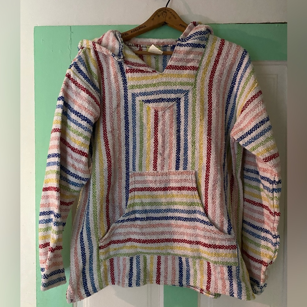 Baja Adult Medium Pull Over Hoodie- rainbow / white cotton beach